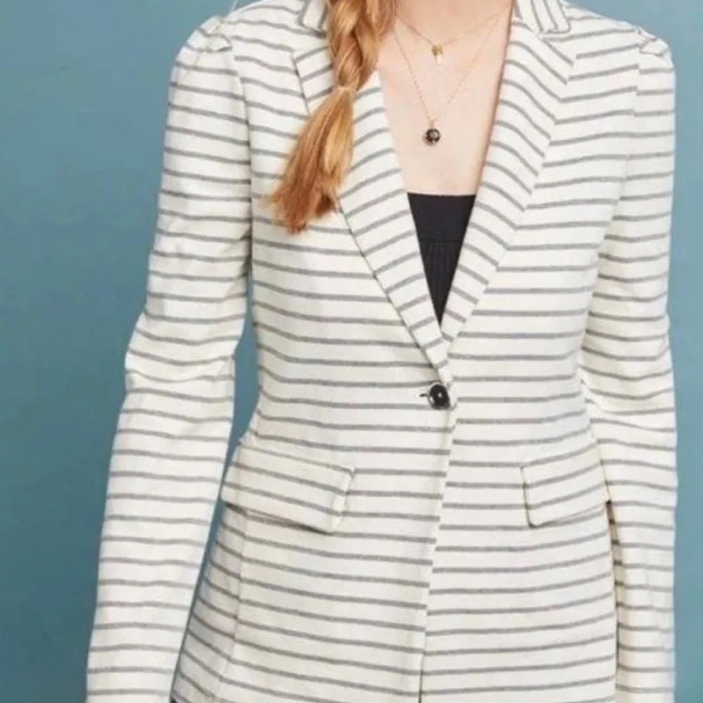 Anthropologie Francoise Cream and Gray Striped Blazer Longline Single Button M